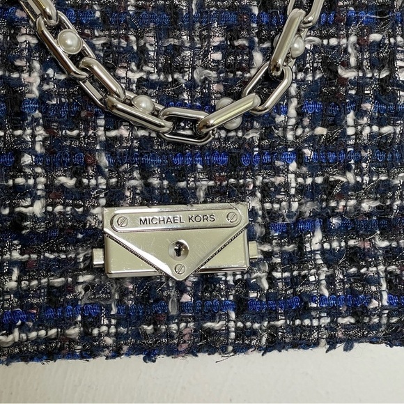 MICHAEL KORS Cece Tweed Small Shoulder Crossbody Satchel Bag Silver Chain Luxury - Picture 4 of 17